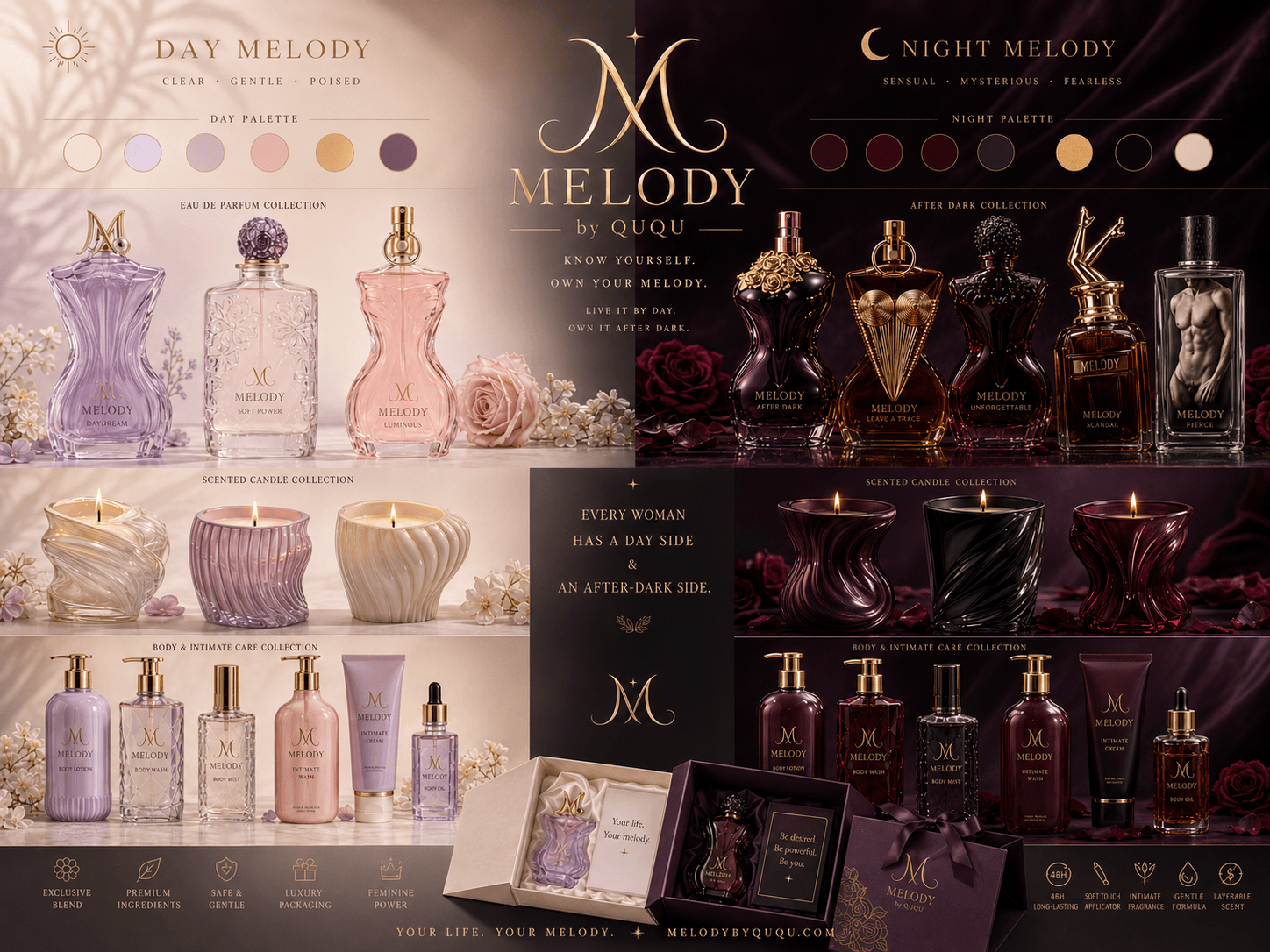 The MELODY by QUQU Day Melody and Night Melody brand world with fragrance, sculptural candles, body care and gift packaging