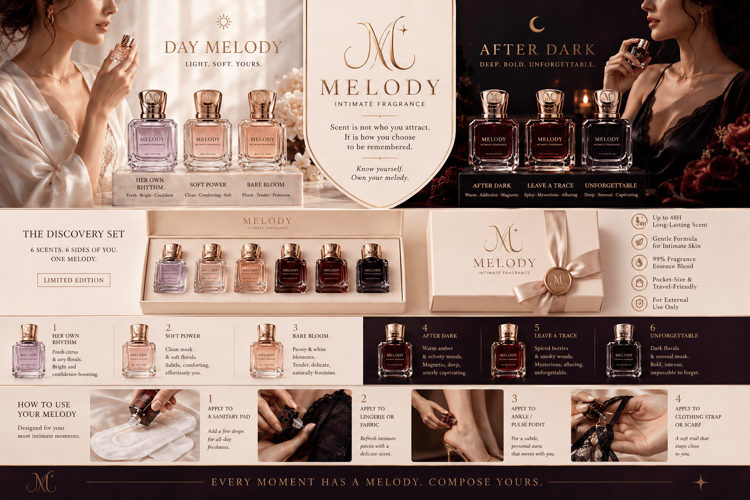 MELODY Intimate Fragrance collection with three Day Melody scents, three After Dark scents and the Discovery Set