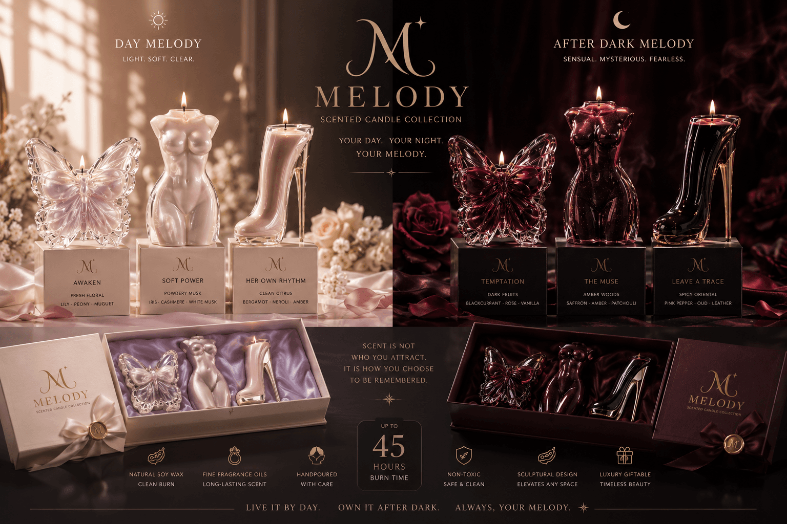 MELODY sculptural candle collection with three Day Melody candles and three Night Melody candles